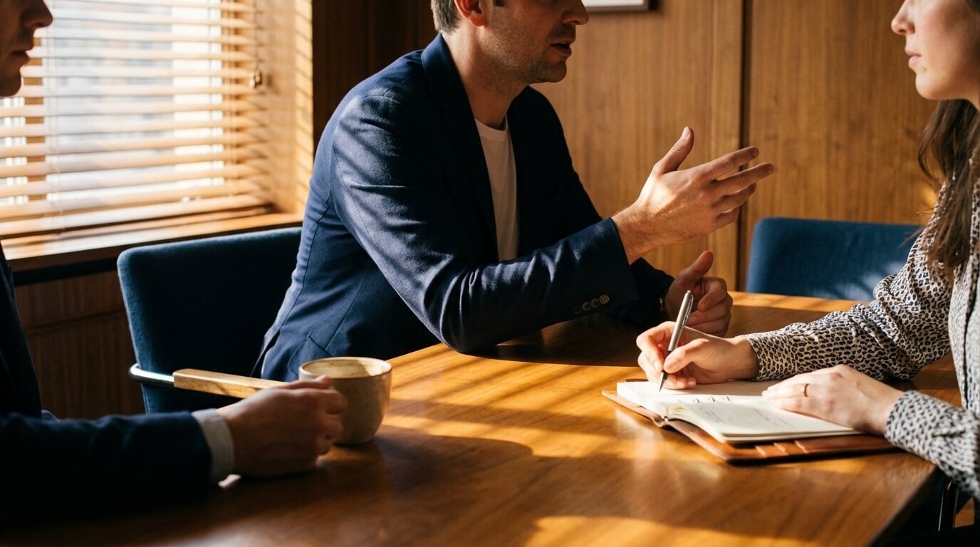 Two professionals in a serious meeting with documents on the table