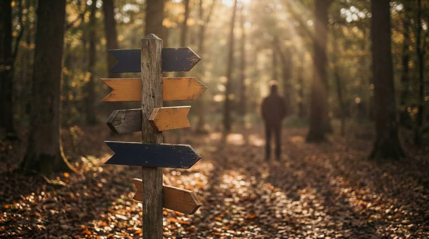 Person standing at a junction looking at signposts