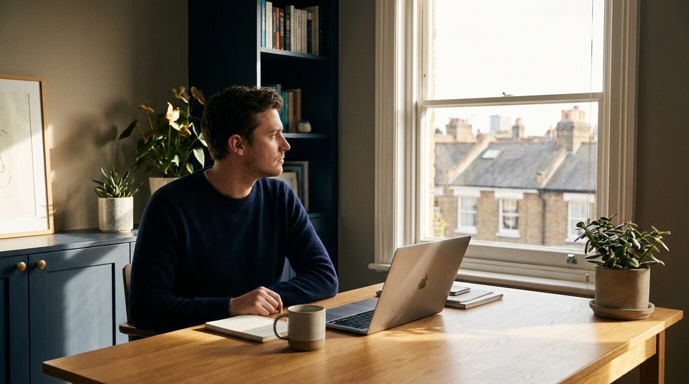 Person looking thoughtfully out of an office window