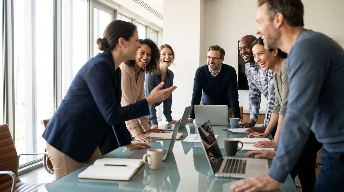 Diverse team collaborating around a desk