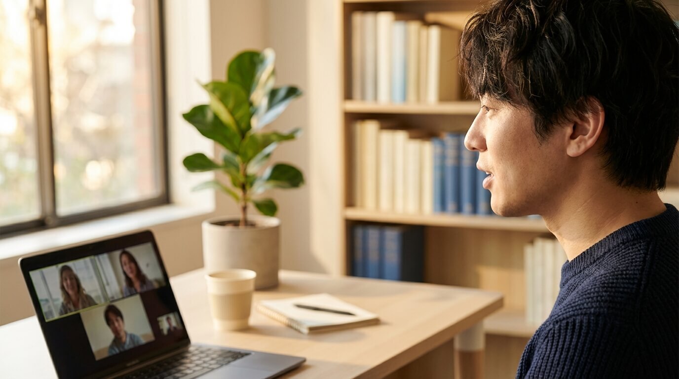 Person on a video call with colleagues from a home office