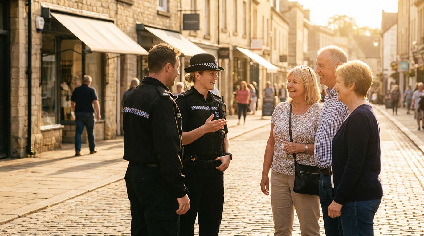 Special Constables in uniform talking with members of the public